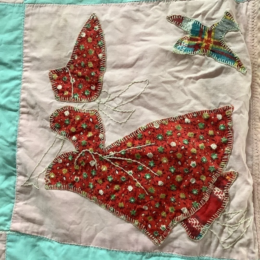 Vintage Machine Stitched Hand Appliqué Hand Stitched Bonnet Girl Bird Quilt